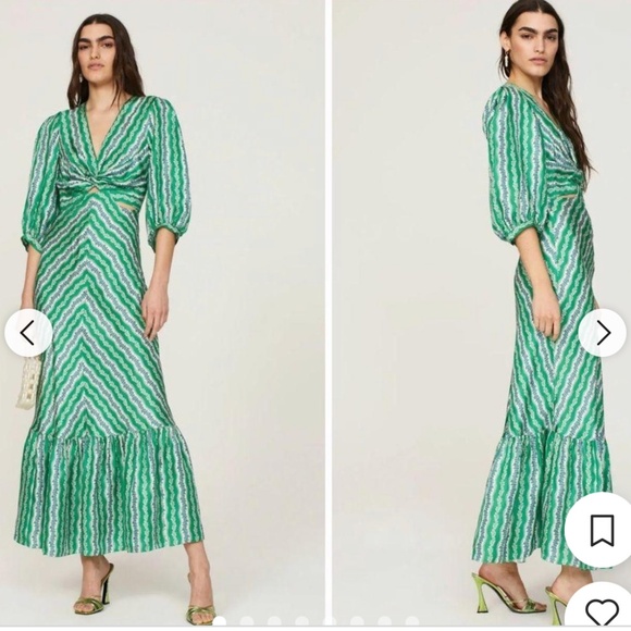 Sandro Agnetta Maxi Dress Cut Out Details 3/4 Sleeve Green Viscose Bias Cut - Picture 2 of 16